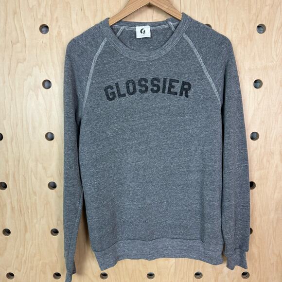 Glossier Women’s Relaxed Fit Raglan Logo Heather Gray Sweatshirt Size Small - Picture 3 of 6